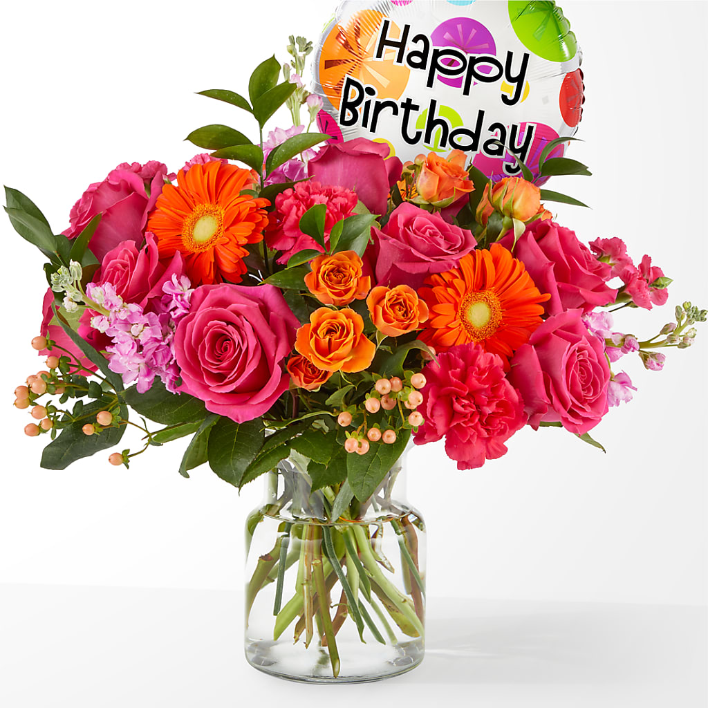 Fiesta Bouquet with Birthday Balloon – Illusion Flower Shop, Houston TX