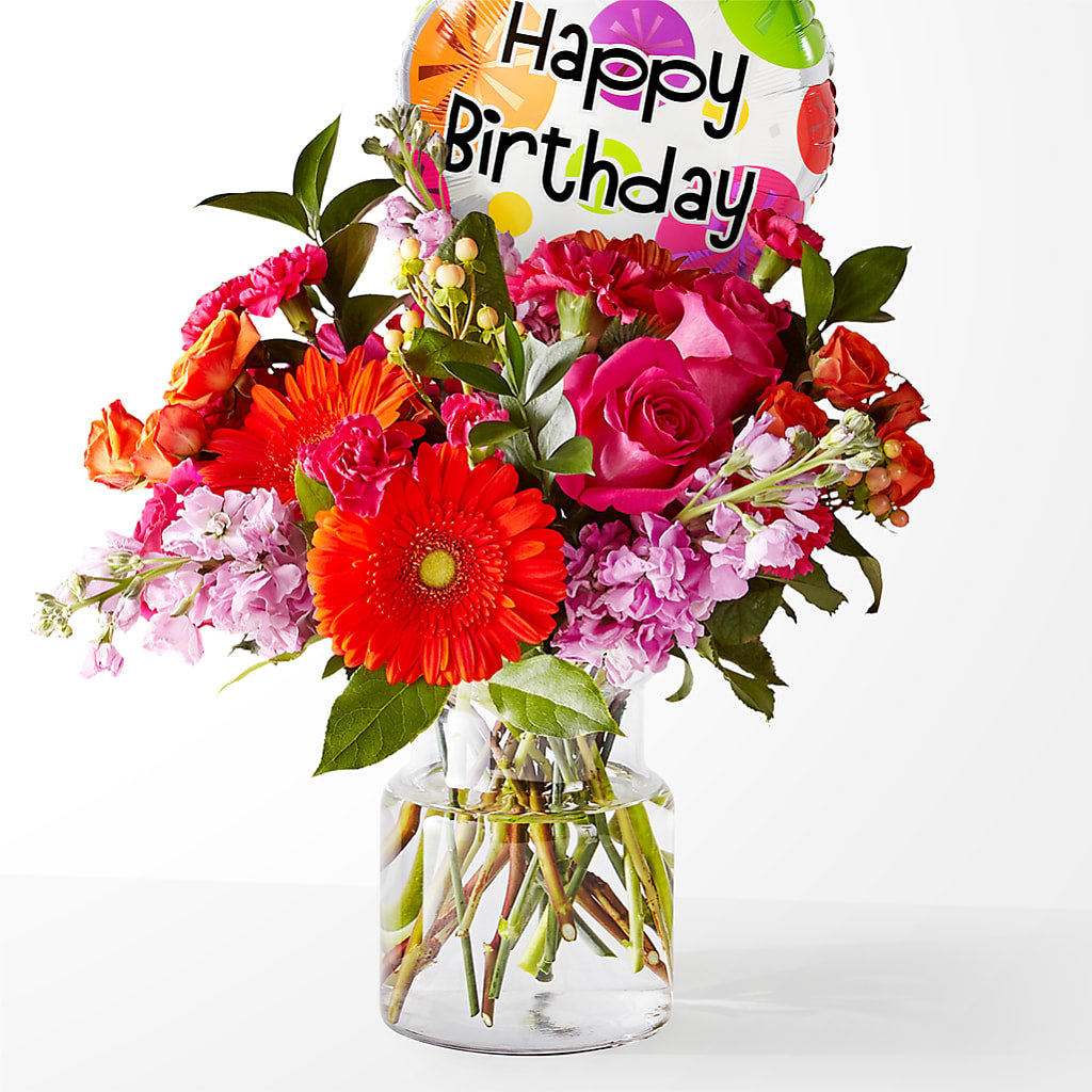 Fiesta Bouquet with Birthday Balloon – Illusion Flower Shop, Houston TX