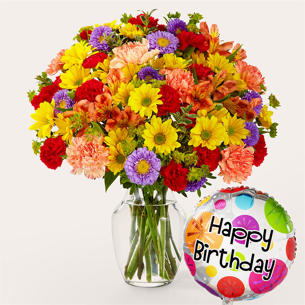 Kaleidoscope Bouquet with Birthday Balloon – Illusion Flower Shop, Houston TX