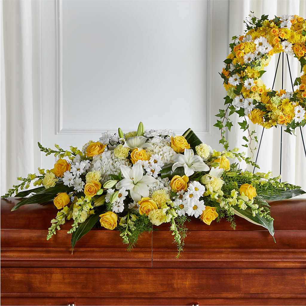 Golden Harmony Casket Spray – Illusion Flower Shop, Houston TX