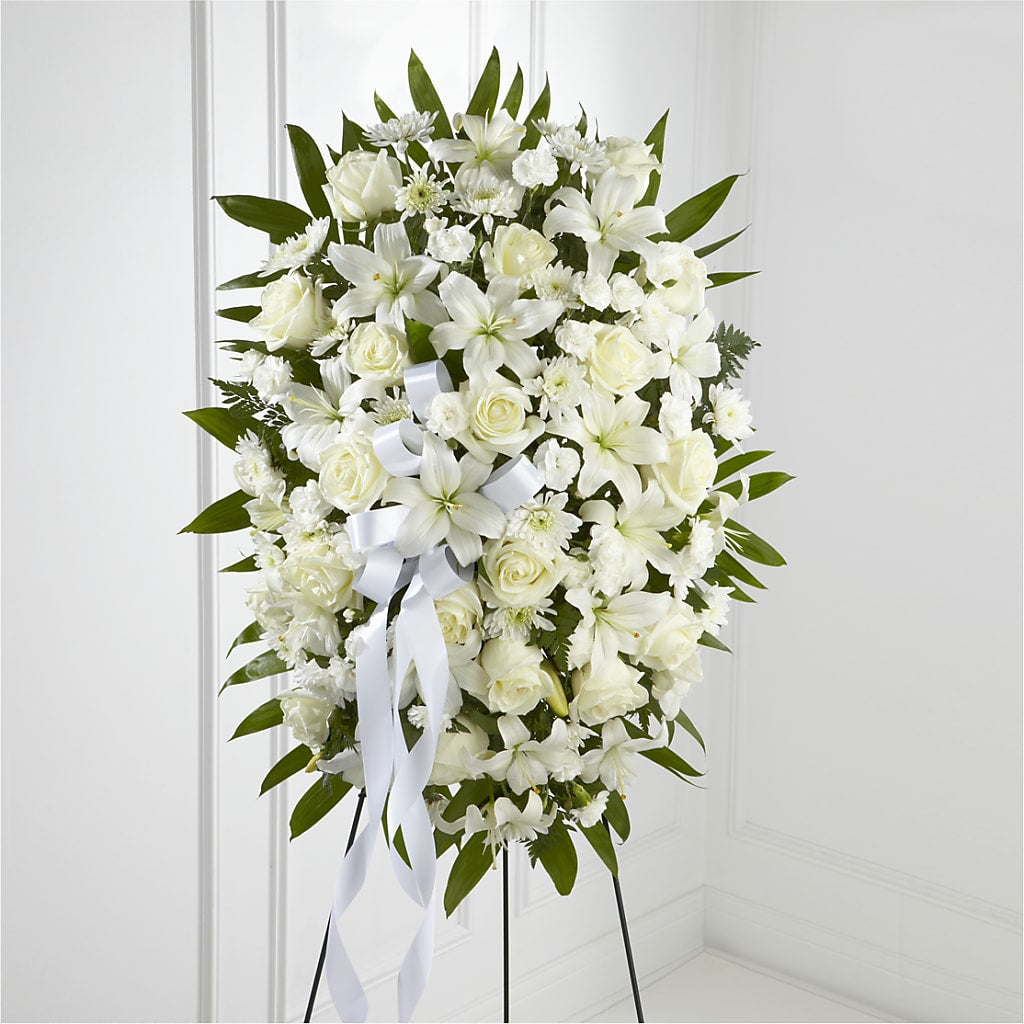 Exquisite Tribute Standing Spray-White Ribbon – Illusion Flower Shop, Houston TX