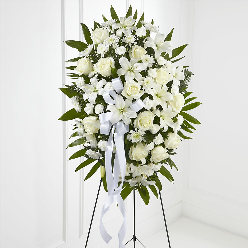 Exquisite Tribute Standing Spray-White Ribbon – Illusion Flower Shop, Houston TX