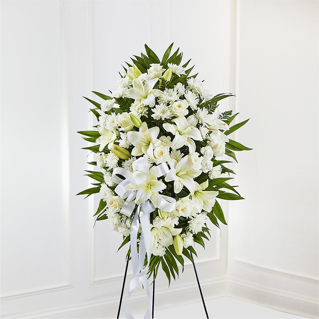 Exquisite Tribute Standing Spray-White Ribbon – Illusion Flower Shop, Houston TX