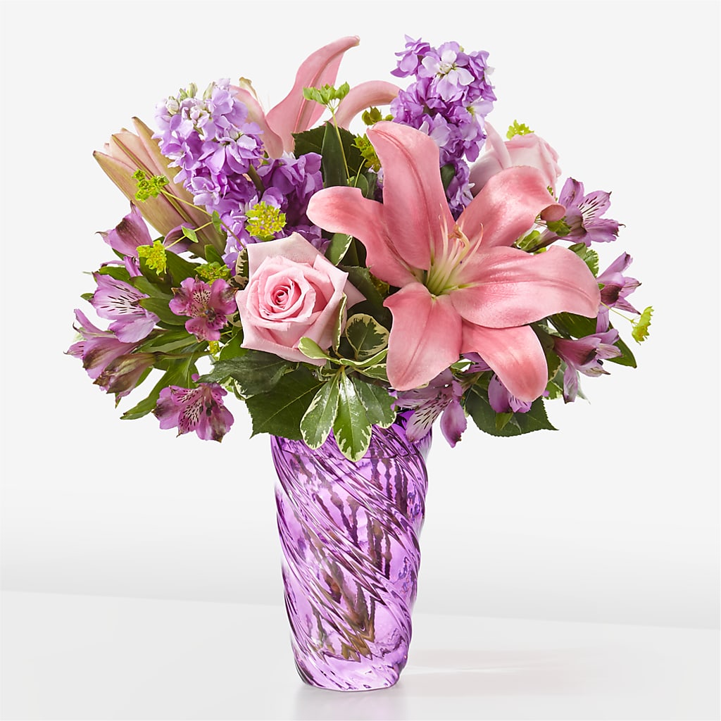 Precious Petals Bouquet with Luxe Swirl Vase – Illusion Flower Shop, Houston TX