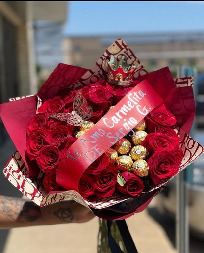 roses wrapped with chocolate in middle