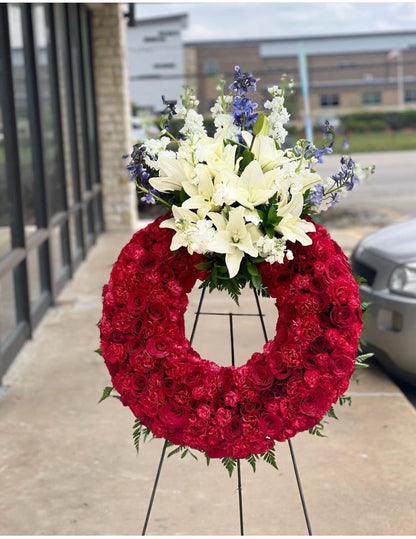 crimson wreath –  Illusion Flower Shop, Houston TX